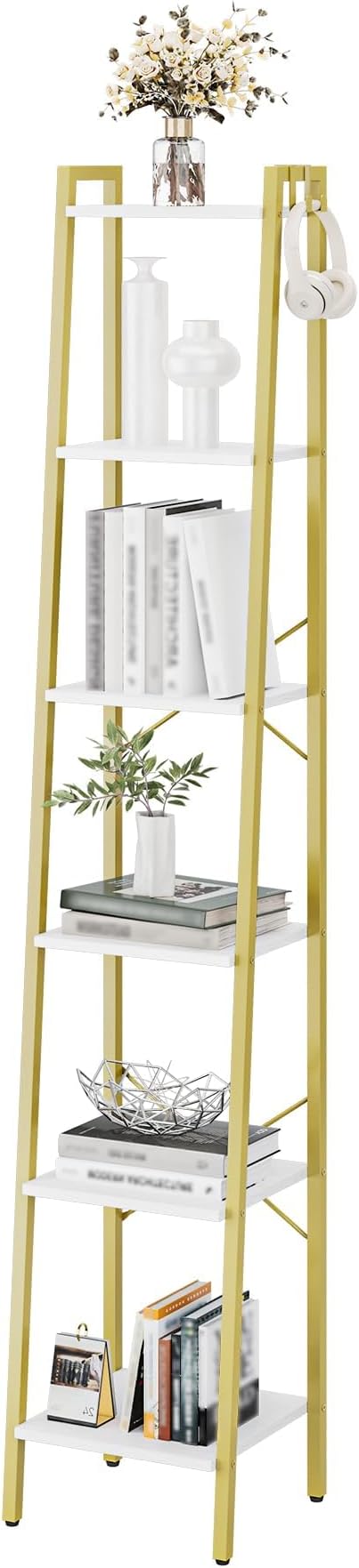 Hzuaneri Ladder Shelf, Bookshelf Bookcase, Freestanding Corner Storage Shelve with 2 Hooks for Home Office, Living Room, Kitchen, Bedroom, Industrial, 11.8" D x 13.4" W x 72.8" H,White Gold BC13313G