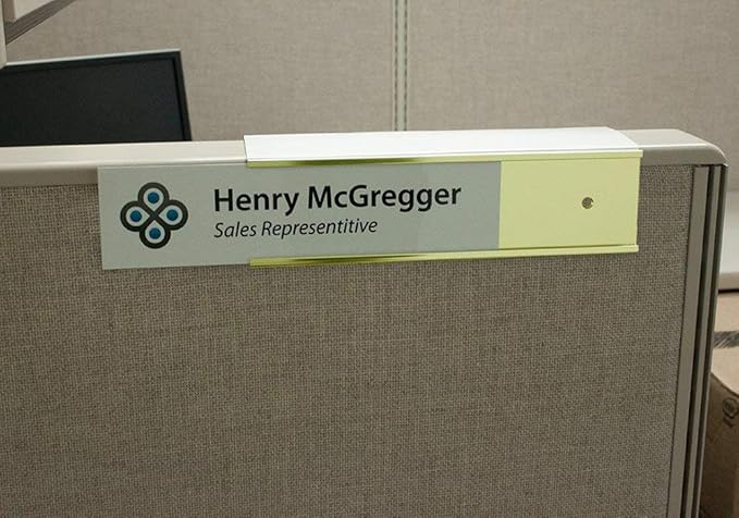 Over the Cube The Original Quality Aluminum, Changeable Cubicle Nameplate Holder, Satin Silver Base, and Polished Yellow Gold Name Plate Holder, (2.75" cubicle wall depth) - Made in the USA