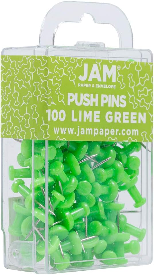 JAM PAPER Colorful Push Pins - Lime Green Pushpins - 100/Pack