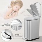 KUK Slim Bathroom Trash Can with Lid, 2.6 Gallon (10 L) Stainless Steel Step Small Garbage Can with Removable Inner Bucket, Soft Close, Anti-Fingerprint Finish (Silver)