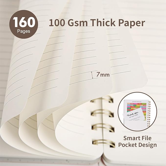 Spiral Notebook-5.75" x 8.125" College Ruled Journal with Inner Pockets and 160 Pages,PU Leather Cover Business Journal, Twin-Wire Binding Notebook Perfect for Office & Home School Supplies Coffee