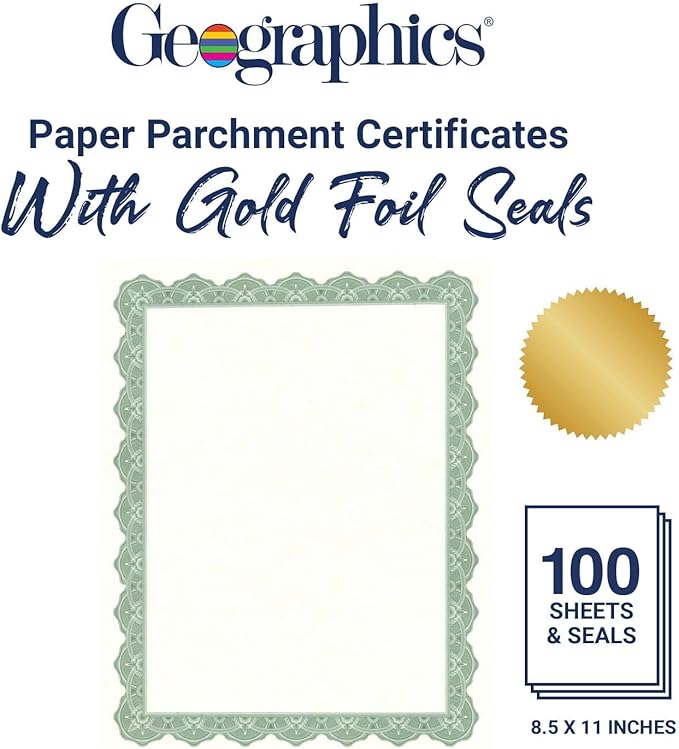 Geographics Recycled Blank Parchment Certificate Paper, 8.5 x 11, Optima Green with Gold Foil, Pack of 100 - Certificate Paper for Printing - Ideal for Printers