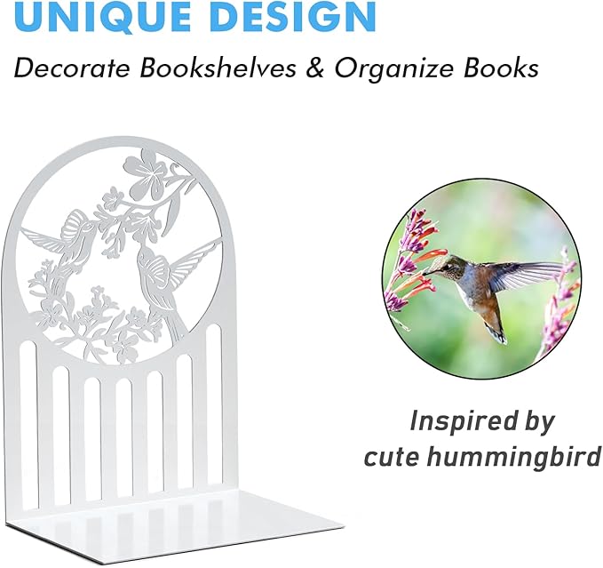 Weudes Hummingbird Book Ends, Metal Bookends for Shelves Decorative, Book Stopper for Heavy Books, Bookends for Home, Office, Library, School Use (White)