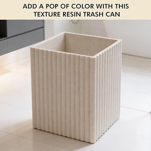 DoveeDosa Black Luxury Stone Bathroom Trash Can, Modern Bathroom Office Trash Can, Resin Wastebasket, Garbage Receptacle Bin for Bathrooms, Offices, Powder Rooms, Kitchens (Square Beige)