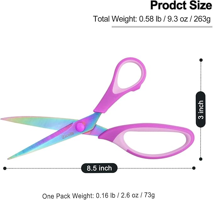 Zicolu 8.5" Scissors All Purpose, Multipurpose Office Scissors Set of 3 Pack, Titanium Coating Sharp Blade, Soft Comfort-Grip, Ideal for Fabric, School, Home, Craft & Sewing, Right/Left Handed, Purple