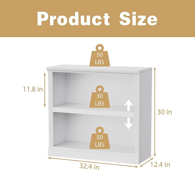 blini 2-Shelf White Bookcase Wooden Bookshelves 33in Wide Floor Standing Display Storage Shelves Low Bookcase for Home Office, Living Room, Bed Room