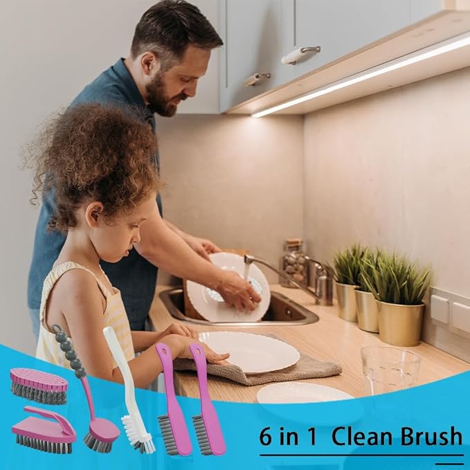 CN1ST 6 PCS Cleaning Brush, Scrub Brush Set for Kitchen and Bathroom Household Use with Various Brushes for Cleaning Dishes, Tiles, Corners and Floors Color Purple