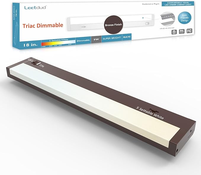 Leetdud LED Under Cabinet Lighting Hardwired or Plug in, 18 Inch 9W, Dimmable 5 Color 2700K/3000K/3500K/4000K/5000K, Linkable Eyes Care Design Counter Lights for Kitchen, Sink, ETL Listed, Bronze