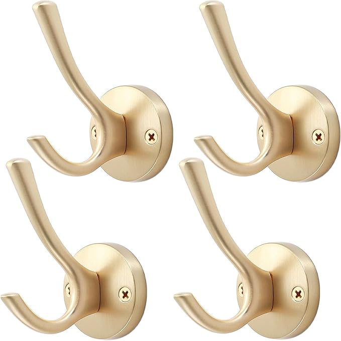 TOFIIGREM Gold Hat and Coat Hooks, 4 Pack Heavy Duty Coat Robe Hook, Metal Double Backpack Hook Wall Mounted, Towel Hooks for Bathroom Entryway Cubicle Closet Garage