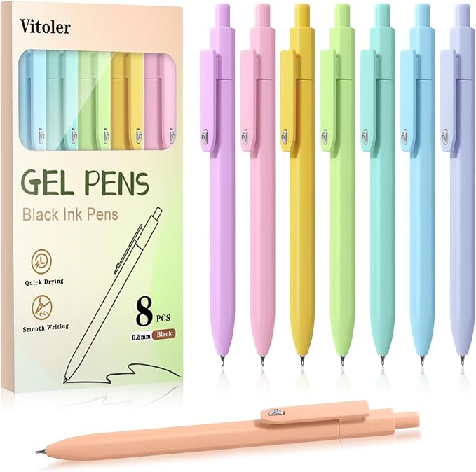 Piochoo Gel Pens, 8pcs Black Ink Pens Ballpoint Smooth Writing,0.5mm Cute Pens for Journaling Writing, Cute Office School Supplies Christmas Stocking Stuffers Gifts for Women Nurses