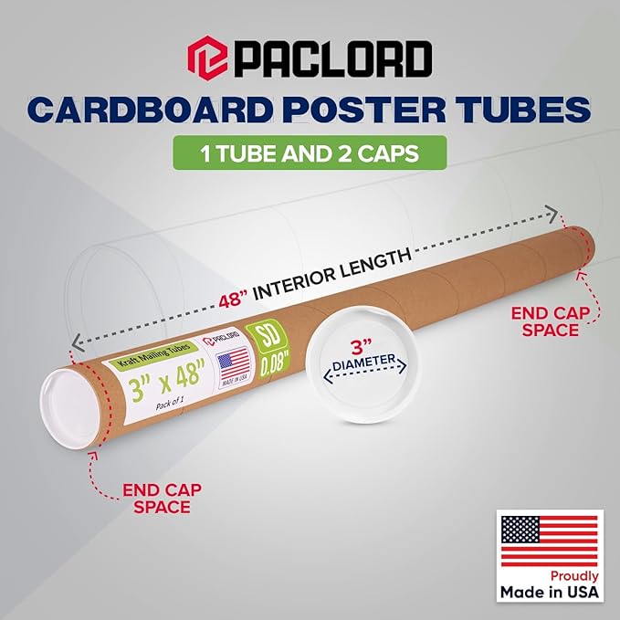 Paclord 3" x 48" Reinforced Kraft Paper Mailing Tube, Pack of 1 Tube with 2 Caps – Secure USPS Approved Poster Tube – Cardboard Tube for Shipping and Storing of Posters, Prints, Artwork, or Documents