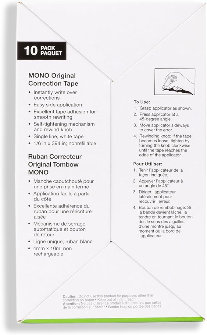 Tombow 68720 MONO Original Correction Tape, 10-Pack. Easy To Use Applicator for Instant Corrections, White, 10 Count (Pack of 1)