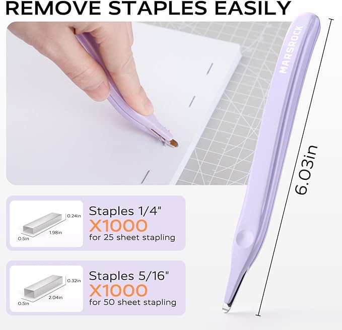 MARSROCK Effortless Stapler for Desk with 40-50 Sheet Capacity, 2000 Staples, 1-Touch Stapling, Ergonomic & Easy to Load Desktop Staplers, Heavy Duty Stapler, and Magnetic Staple Remover, Purple