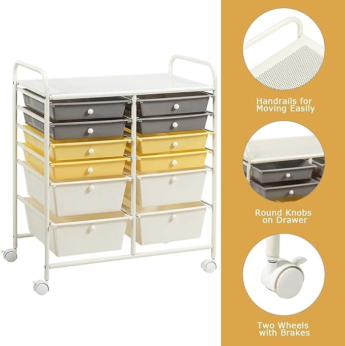 Happygrill 12-Drawer Rolling Storage Cart, Multipurpose Storage Cart W/Lockable Wheels, 2 Sizes Plastic Drawers & Metal Shelf, Mobile Utility Cart for Home Office School