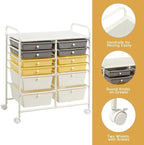 Happygrill 12-Drawer Rolling Storage Cart, Multipurpose Storage Cart W/Lockable Wheels, 2 Sizes Plastic Drawers & Metal Shelf, Mobile Utility Cart for Home Office School