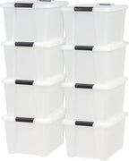 IRIS USA 33 Qt Stackable Plastic Storage Bins with Lids, 8 Pack - BPA-Free, Made in USA - Discreet Organizing Solution, Latches, Durable Nestable Containers, Secure Pull Handle - Pearl