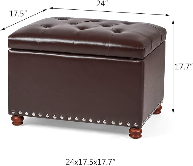 Decent Home Leather Storage Ottoman Bench Foot Rest Stool with Nailhead Trim (Dark Brown - Button Tufted Leather)
