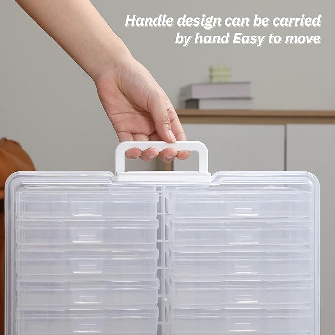 Party Club of America PCA Photo Storage Box 4" x 6" With Handle - 16 Inner Keeper, Large Organizer, Clear Plastic Craft Case for Stickers, Stamps, Jigsaw, Vegetable Seeds