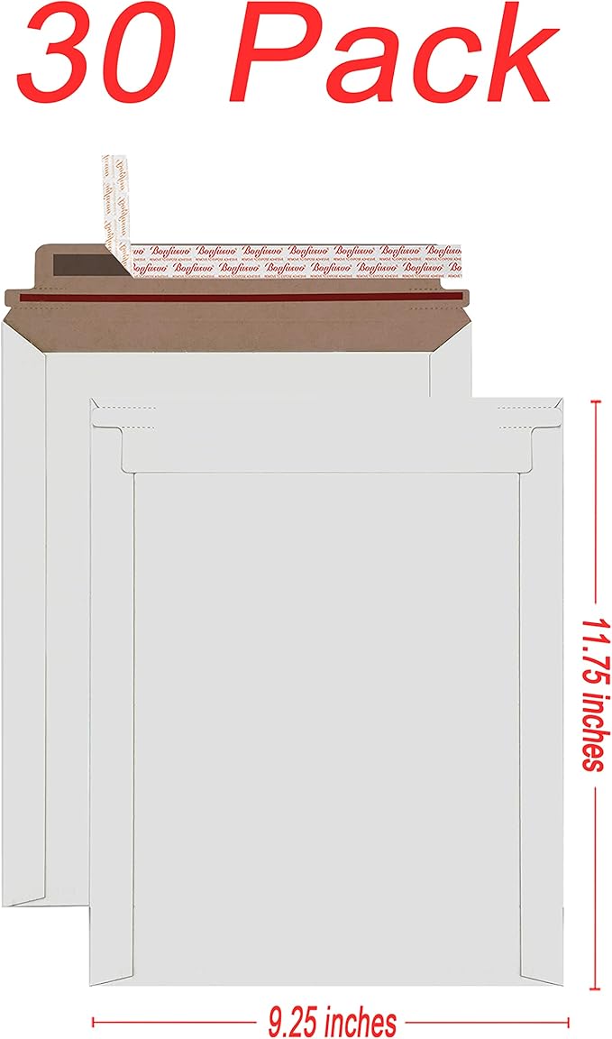 Bonfasvo Rigid Mailers 30 Pack 9.25 x 11.75 inches White Self Seal Stay Flat Bulk Cardboard Kraft No Bend Mailers Peel and Seal for Document Photos Pictures Papers Files CD
