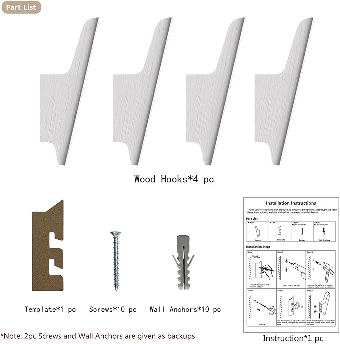 FCOWK Wood Wall Hooks 4 Pack Coat Hooks Wall Mount White Wooden Hooks for Hanging Hat, Bag, Backpack, Rustic Coat Hooks for Wall, Wood Towel Hooks for Bathrooms and Entryway Hooks (White)