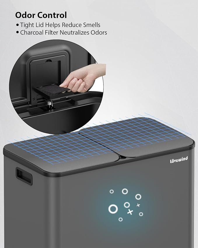 Lovewind Trash Can, 2 x 10.5 Gallon (2 x 40 L) Garbage Can for Kitchen Dual Compartment Recycling Kitchen Step Trash Bin, Stainless Steel Trash and Recycle Bin Combo with Soft-Close Lid, Grey