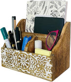 Wooden Office Desk Organizer Countertop, Farmhouse Stationary Aesthetic Organizer for Marker, Pen, Remote, Makeup Brush, Art Supplies Accessories, Modern Work Study Drawer Caddy- White Shabby Chic