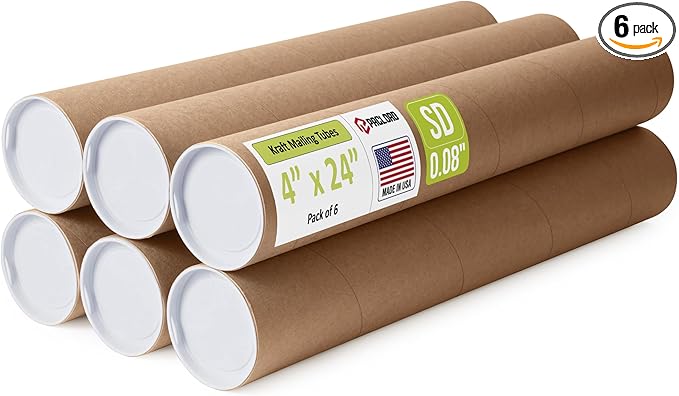 4" x 24" Reinforced Kraft Paper Mailing Tubes, Pack of 6 Tubes with 2 Caps Each – USPS Approved Poster Tube – Made in USA Cardboard Tube for Shipping and Storing Posters, Prints, Artwork, or Documents