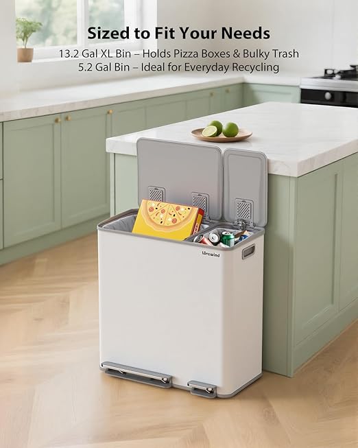 Dual Trash and Recycling Bins for Kitchen, 13.2 + 5.2 Gal (50+20L) Stainless Steel Trash and Recycle Bin Combo with Soft-Close Lid, Large Garbage Cans for Kitchen Home with 2 Magnets Sticker, White