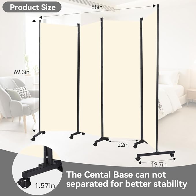 Room Divider (4 Panel) Wall Divider for Room Partition, 88 inch Metal Frame Wide Portable Privacy Screens W/Wheels, Freestanding Room Separators 5.6FT Room Divider Panel