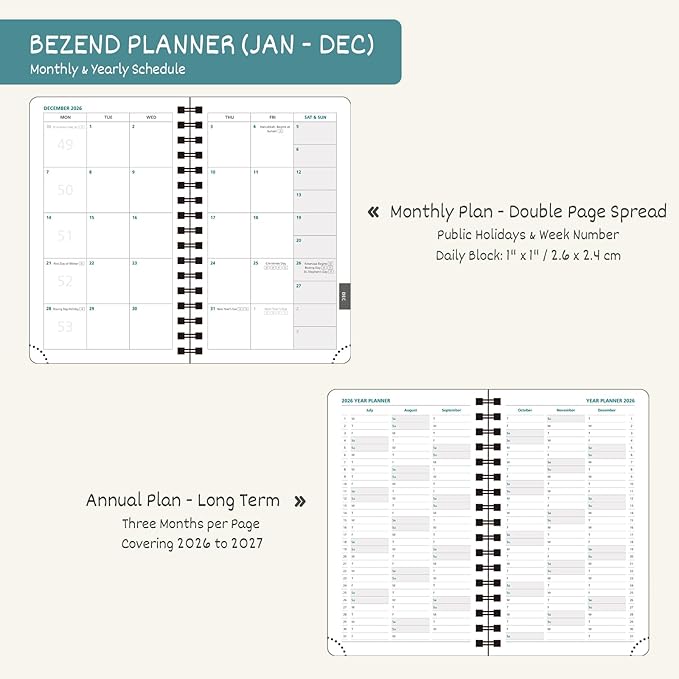 BEZEND Pocket Calendar 2026 Weekly and Monthly (3.5" x 6" Spiral) Small Daily Planner for Purse (Jan-Dec) with Notes & Expenses, Inner Pocket, Pen Holder, Vegan Leather Softcover - Black