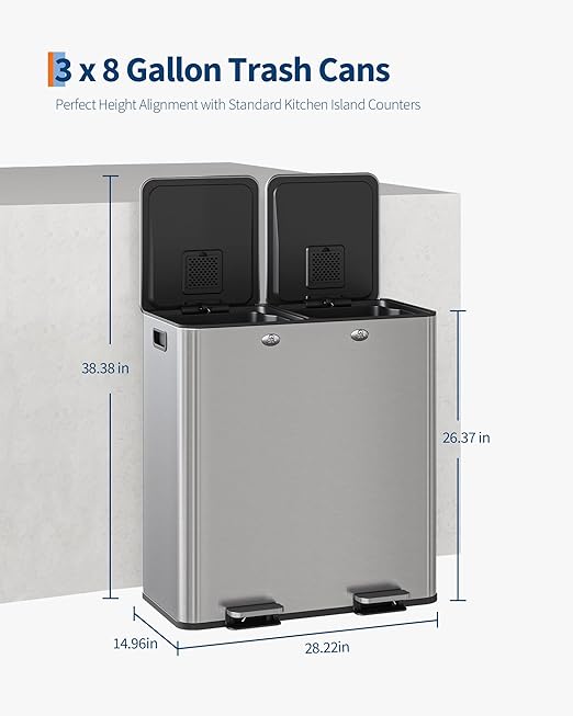 Garvee Trash Can, 16 gal Dual Compartment Stainless Steel Kitchen Trash Can for Recycling, 8+8 gal Plastic Inner Buckets and Quiet Close, Brushed, Airtight, Silver