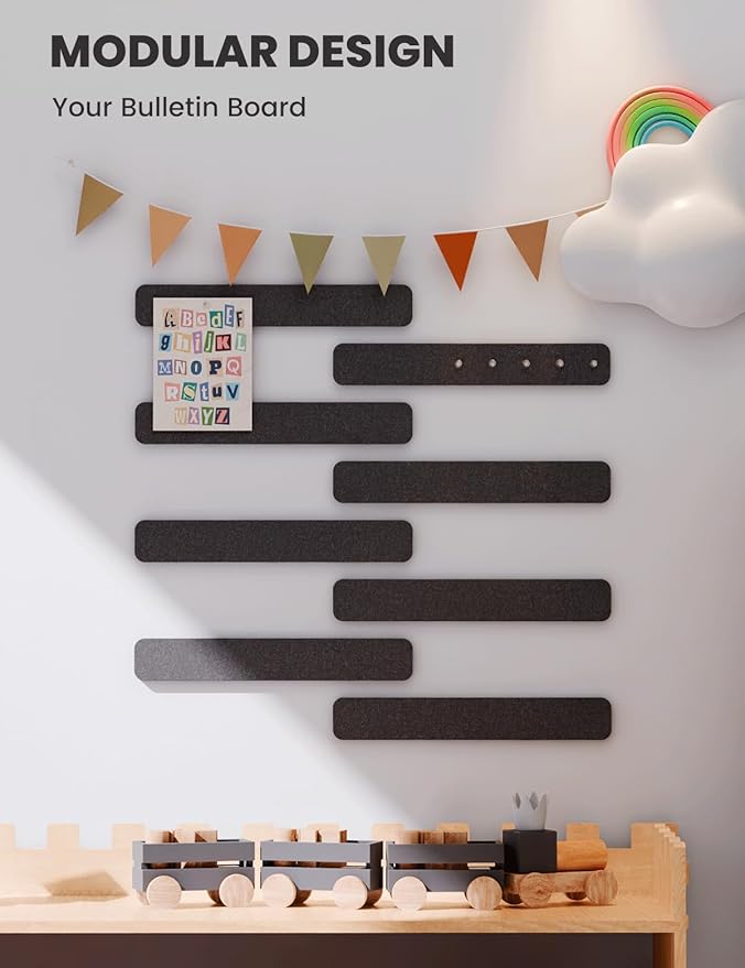 Fluxynara Cork Board Alternative Felt Strip Board 8-Pack 13"x2", Office Pin Board with 50 Push Pins, Adhesive Install for Bedroom Door & Home Office(Black)