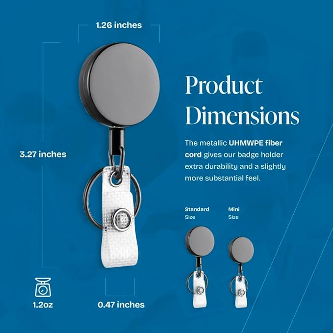 Will Well ID Badge Holder Reel with Clip and Keyring - Heavy-Duty All-Metal Casing with 24.4" UHMWPE Fiber Pull Cord for Easy Access, Holds up to 8 Keys - 2-Pack, Small Round, Glossy Black
