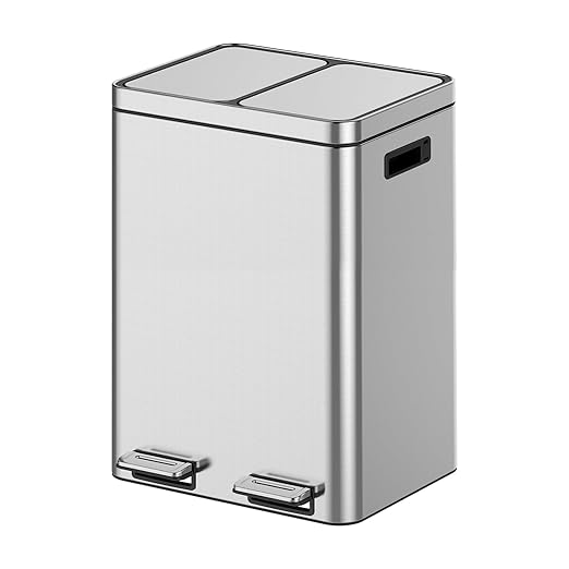 OUTLANE 40L Stainless Steel Dual Compartment Trash Bin, Step Pedal, Silent Soft Close, Removable Buckets, Fingerprint Proof, Home/Office Waste Separator, 37.6x42.8x58.9cm