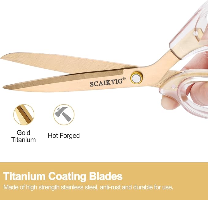 SCAIKTIG Acrylic Scissors Set, Office Scissors for Desk Gold, Clear Comfort-Grip Handles and Titanium Coated Blades, Sharp Scissors all Purpose Heavy Duty for Sewing, Art, Craft, School, Home Supplies