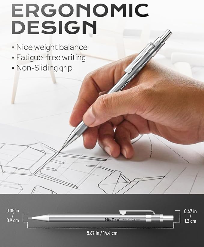 Nicpro 4 Pack Mechanical Pencil 0.5 mm with Case, MB1000 Metal Mechanical Pencil Set with 6 Tube HB #2 Lead Refill 0.5mm, 3PCS 4B Eraser, 9 Cap Eraser for Artist Drafting Writing, Sketching, Drawing