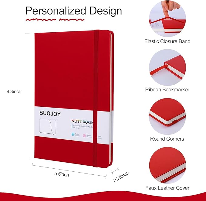 SUQJOY Lined Journal Notebooks, 6 Pack 160 Pages, 5.5x 8.2-Inch Journals for Women Men, Hardcover Notebook with 100 gsm Thick Paper, A5 Size College Ruled Notebook for Writing/Travel/Work (Red-6 Pack)