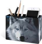 Famame White Wolf Blue Eyes Pencil Holder for Desk, Leather Desktop Container Pen Cup Storage Study Table Pen Organizer Makeup Brush Holder for Classroom Office Home