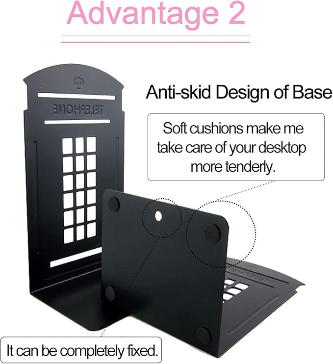 MerryNine 6 Pack Book Ends, Metal Bookends for Shelves, Telephone Booth Decorative Bookends, Non Skid Heavy Bookends, Book, Magazine or CD Organizers for Home and Office (Black-6pcs)