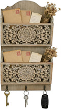 Chadechimo Rustic Key and Mail Holder for Wall Home Decorative,2-Slot Mail Organizer Wall Mount with 3 Hooks, Wooden Key Hangers Wall File Organizer Letter Sorter for Letter Magazines（Brown）