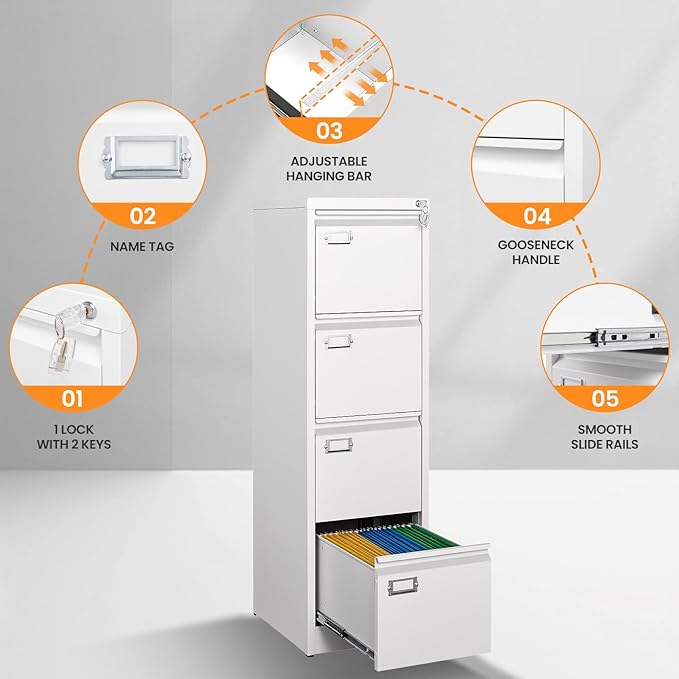 AFAIF 4 Drawer File Cabinet with Lock, Metal Filing Cabinets for Home Office, Vertical Black Locking File Caninet, Steel Narrow Four Drawer File Cabnet for Letter/Legal / A4 / B4- Assembly Required