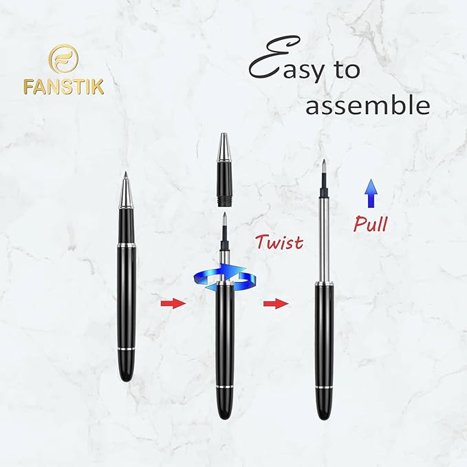 FANSTIK Customized RollerBall pen with name (MADE IN USA), stainless steel, black and silver, luxury engraved pen personalized for men and for women. (RollerBall Black-Silver)