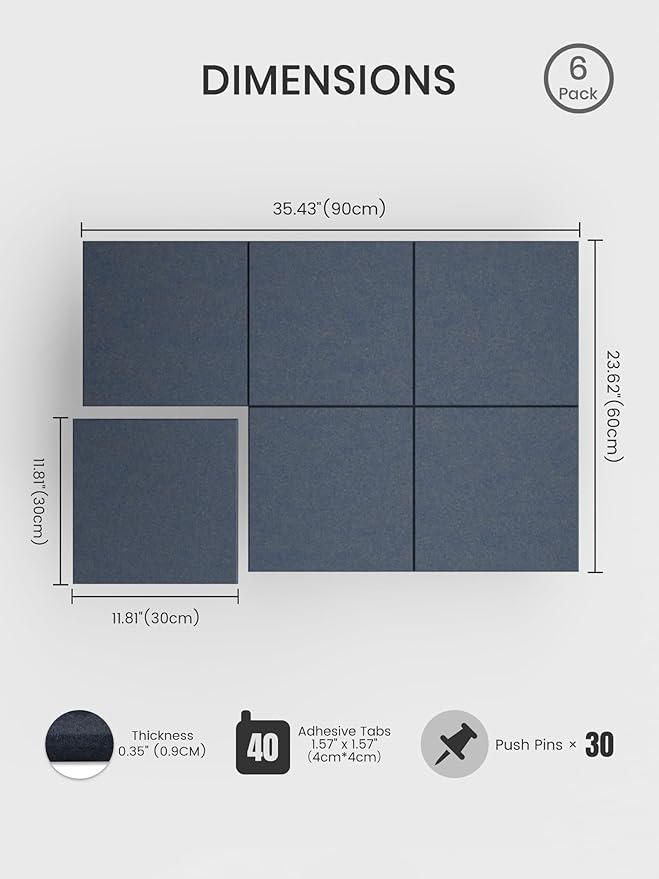 Bumusty Large Cork Board 36"x24" Alternative - 6 Pack Felt Wall Tiles with 40 Safe Removable Adhesive Tabs, 30 Pushpins, Cork Boards for Walls Pin Board Bulletin Board (Deep Charcoal Blue)