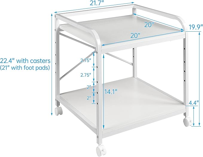 Fannova 20 Inches Deep Large Printer Stand, 2 Tier Under Desk Printer Table with Height Adjustable Shelf, Rolling Printer Cart with Wheels for Home Office Storage - White