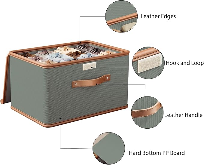 Tuza 4 Pack Storage Bins with Lids, Collapsible Closet Organizer Container, Fabric Organizer Box with Handles, Decorative Storage Boxes with Lids for Organizing Clothes, Blanket, Grey, Extra Large