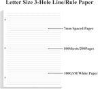 3-Hole Lined Refill Paper, Letter Size Punched Ruled Filler, 100 Sheets / 200 Pages, 100gsm White Paper, 8.5'' x 11''