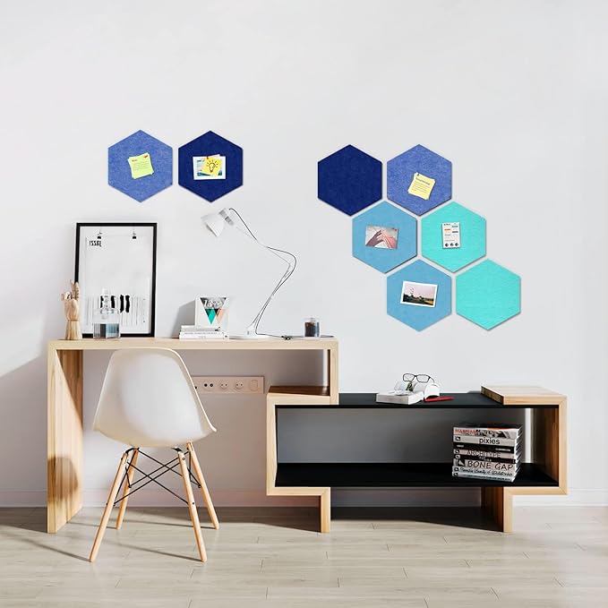 Uoisaiko 12" Large Bulletin Board with 30 Push Pins, Pack of 8 Hexagon Felt Pin Board Notice Boards for Home Office Kitchen, Felt Wall Tiles for Photos Memos (Dark Blue)
