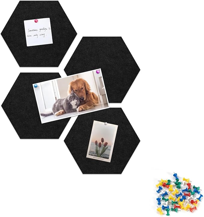 Uoisaiko 12" Large Bulletin Board with 15 Push Pins, Pack of 4 Hexagon Felt Pin Board Notice Boards for Home Office, Felt Wall Tiles for Photos Memos (Black)