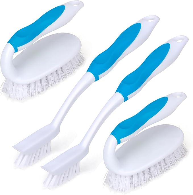 HileSwan Scrub Brush Set, 4 Pack Deep Cleaning Brush Kit - 2 Scrub Brush, 2 Tile & Grout Brush with Built-in Scraper, Household Commercial Scrubber for Floor, Shower, Pool Wall, Tub (Blue)