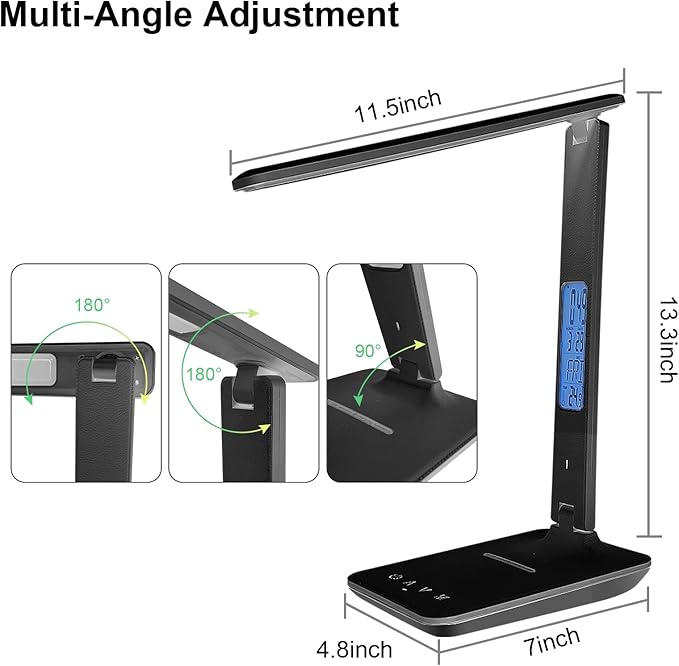 snsok Desk Light with Wireless Charger, USB Charging Port, Dimmable Office Desk Lamp with Clock, Alarm, Date, Temperature, Foldable Lamp for Table Bedroom Bedside Office